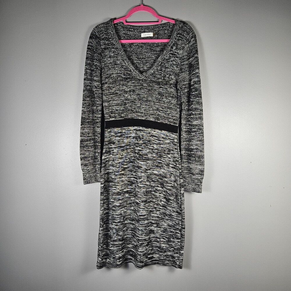 Calvin Klein Knit Sweater Dress Long Sleeve Womens Size Medium M Black & Gray